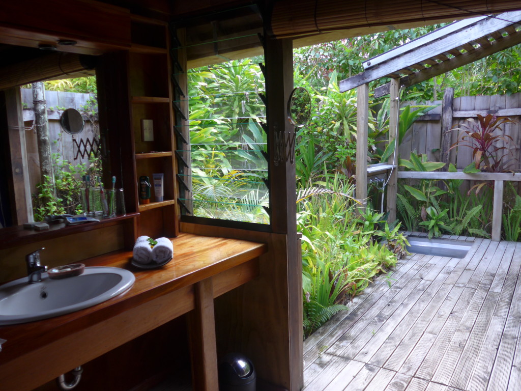 Elegant bathroom and private garden shower in our Fafá Island fale.